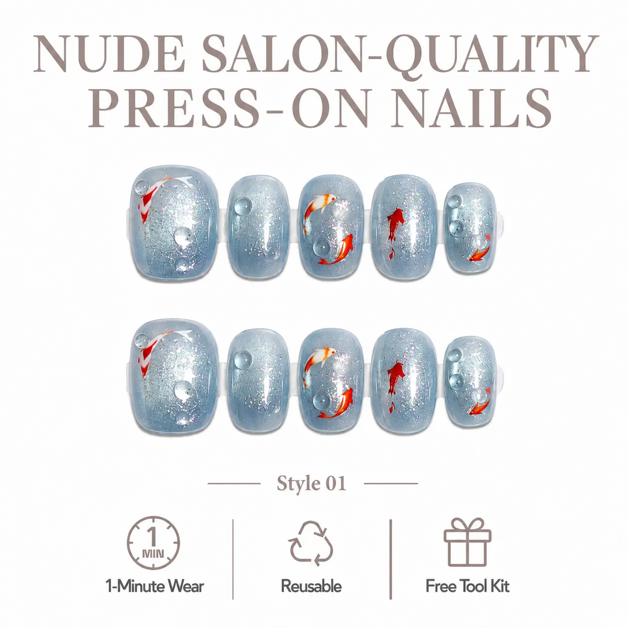 Cute Short Square Press-On Nails, Blue Jelly Koi Fish Decor, Easy-Apply Quick-Wear Reusable Nail Art Accessories