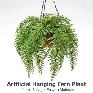 1Pack Fake Hanging Plant with Pot, Artificial Potted Fern Plant, Long Faux Hanging Ferns Vine Plant, Fake Indoor Plants for Shelf Home Office Indoor Outdoor Garden Greenery Decor