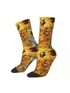 BIIHUDU Men's Van Gogh Starry Night & Sunflower Socks - 3D Printed Artistic Full-Body Replica of Iconic Paintings, Hand Washa