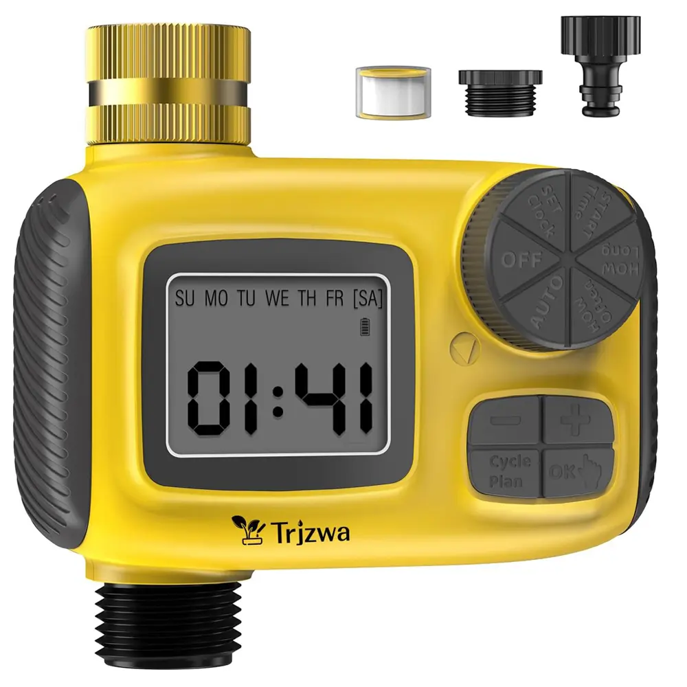 Garden Water Timer & Sprinkler System Controller with Rain Delay, Manual Control, Brass Threaded Inlet/Outlet Valves, for Lawn Irrigation, Outdoor Hose Plumbing