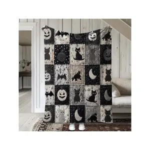 Vintage Black And White Patchwork Halloween Quilted Throw Blanket, Spooky Black Cat Jack O Lantern Bat Moon Soft Cozy Decorative Holiday Blanket for Home Couch Bed
