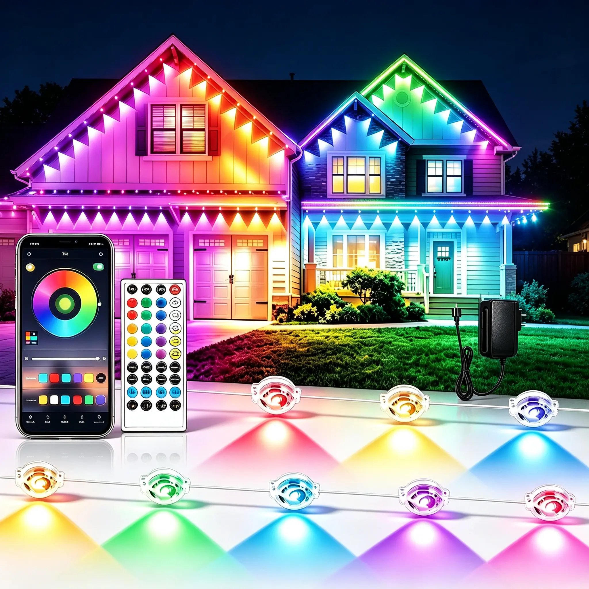 KEYDOORS Permanent Outdoor Eaves RGB Smart LED Lights, IP67 Waterproof House Exterior Lights, App & Remote Control, Music Sync, Timer, 16M Colors, 48 Scene Modes, Home Improvement Holiday Decor