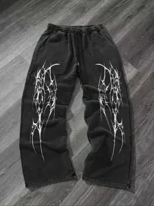 Trendy Street Style Drawstring Sweatpants, Cotton Fabric, Symmetrical Graphic Print, Casual Fashion, Comfortable Fit, Unisex, Athleisure Casual Trousers