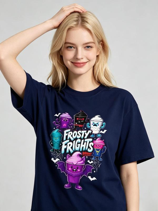 Women's Oversized Short-Sleeve Crew Neck Cotton T-Shirt - Cute Monster Graphic Print, Frosty Frights Halloween Theme, Ultra-Soft Pure Cotton, Machine Washable (Oversized Tshirt Women)