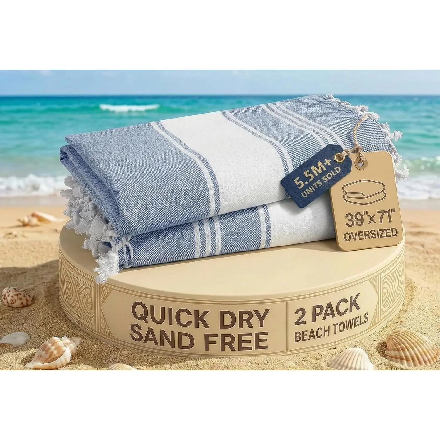 LANE LINEN Turkish Beach Towels, 2 Pack Extra Large Beach Towel, Pre-Washed for Soft Feel, Oversized Sand Free Quick-Dry Pool Towel, Beach Towels for Adults, 39"x71" - Forever Blue