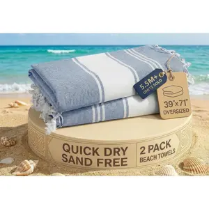 LANE LINEN Turkish Beach Towels, 2 Pack Extra Large Beach Towel, Pre-Washed for Soft Feel, Oversized Sand Free Quick-Dry Pool Towel, Beach Towels for Adults, 39"x71" - Forever Blue