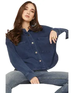 White Crow Women's Women'S Denim Knit Long Sleeve Button-Down Cropped - Pj232267bb-Dkblu