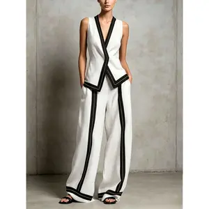 Women's 2 Piece Linen Outfit Crossover V Neck Asymmetric Vest Top and Wide Leg Pants Set Contrast Trim Elegant Sleeveless Suit Casual Chic Streetwear Ribbed Knit Lounge