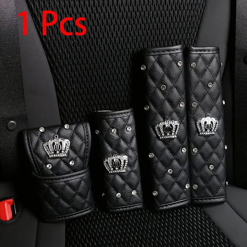 Rhinestone Crown Decor Premium Leather Car Seat Belt Covers, Car Gear Lever Cover, Car Handbrake Cover, Car Interior Decoration Accessories