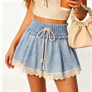 Woman's Denim Skirt High Waist Lace Trim Ruffle Soft Light Blue A-line Mini Skirt Summer Casual Beach Vacation Sweet Cool Girl Student School Daily Outdoor