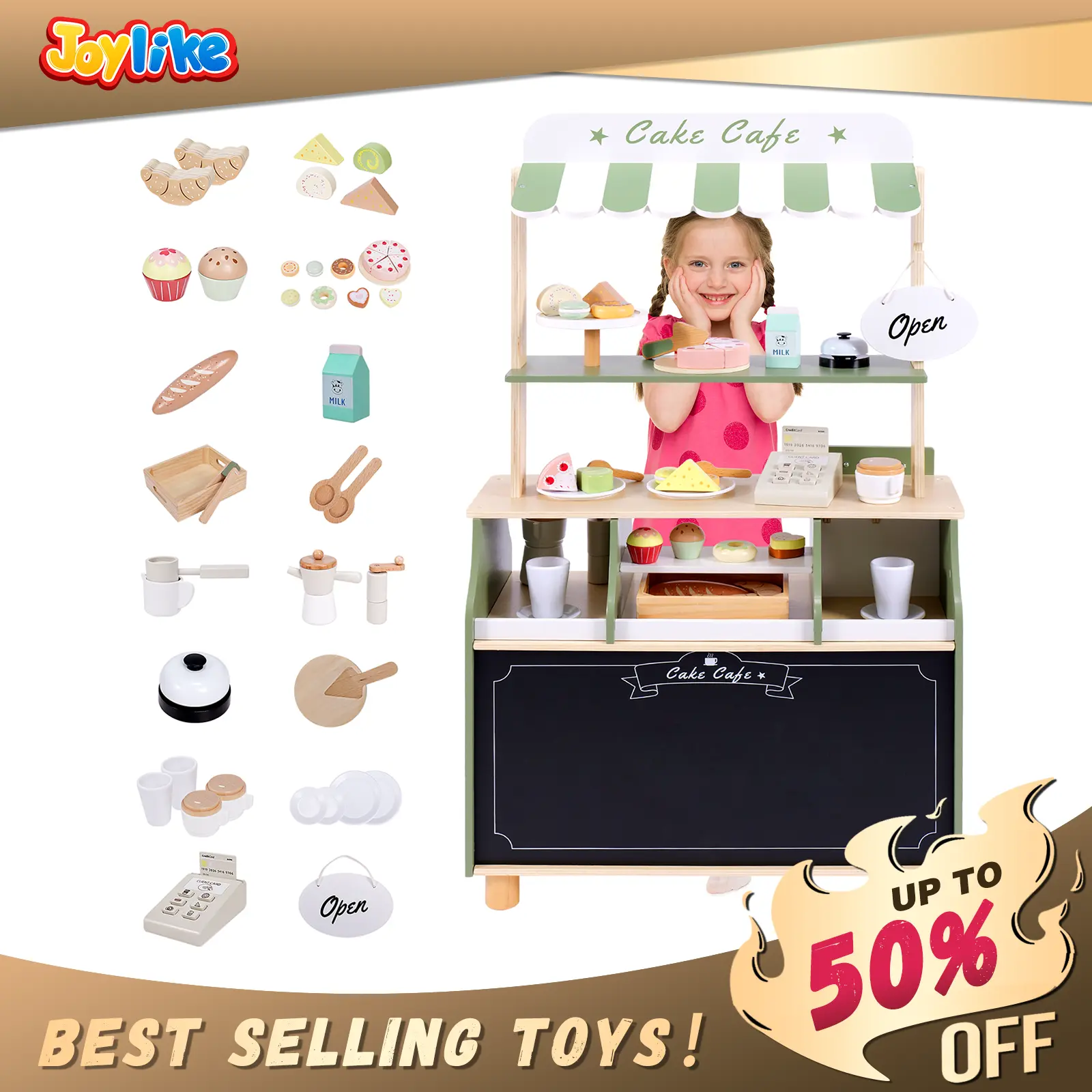 Joylike Wooden Dessert Shop with Wooden Dessert Food Tableware Playhouse Toys for Toddlers Best Selling Toys