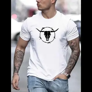 Men's Bull Skull Graphic Tee - Soft & Breathable 100% Cotton Shirt, Beige T-Shirt for Everyday & Formal Outfits - Western Cowboy Style Casual Top, Western T Shirts, Travel Friendly Attire, Durable Print Fabric, Summer Clothing