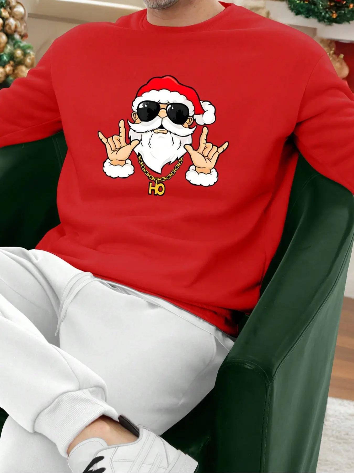 Men's Christmas Fleece Round Neck Pullover, Fall & Winter Fashion Casual Long Sleeve Top, Basic Warm Sporty Sweatshirt