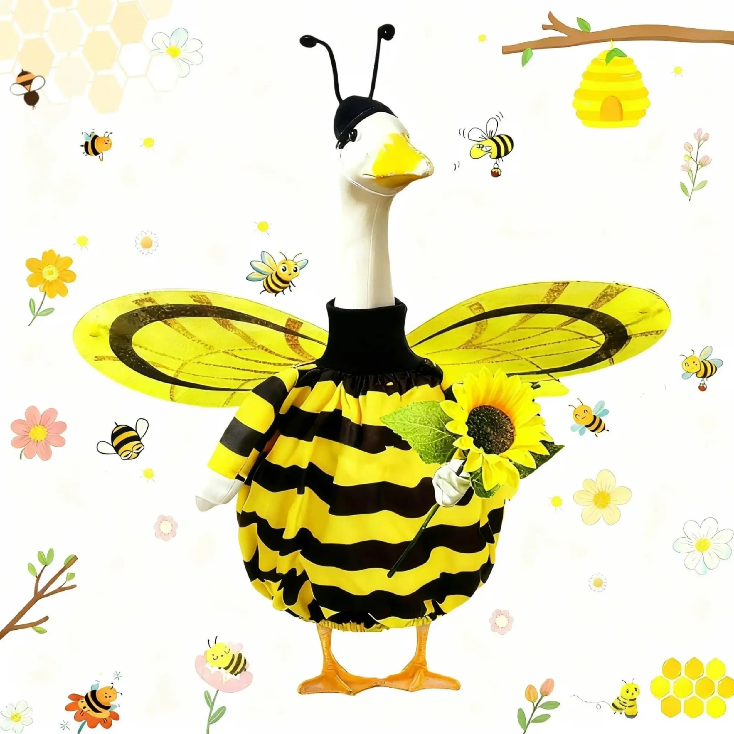 Vibrant Durable Fade-Safe Fabric Spring & Easter Porch Goose Outfit - Interchangeable Bee & Ladybug Costume for 20-23 in Garden Statues, Seasonal Backyard Party Home Decor