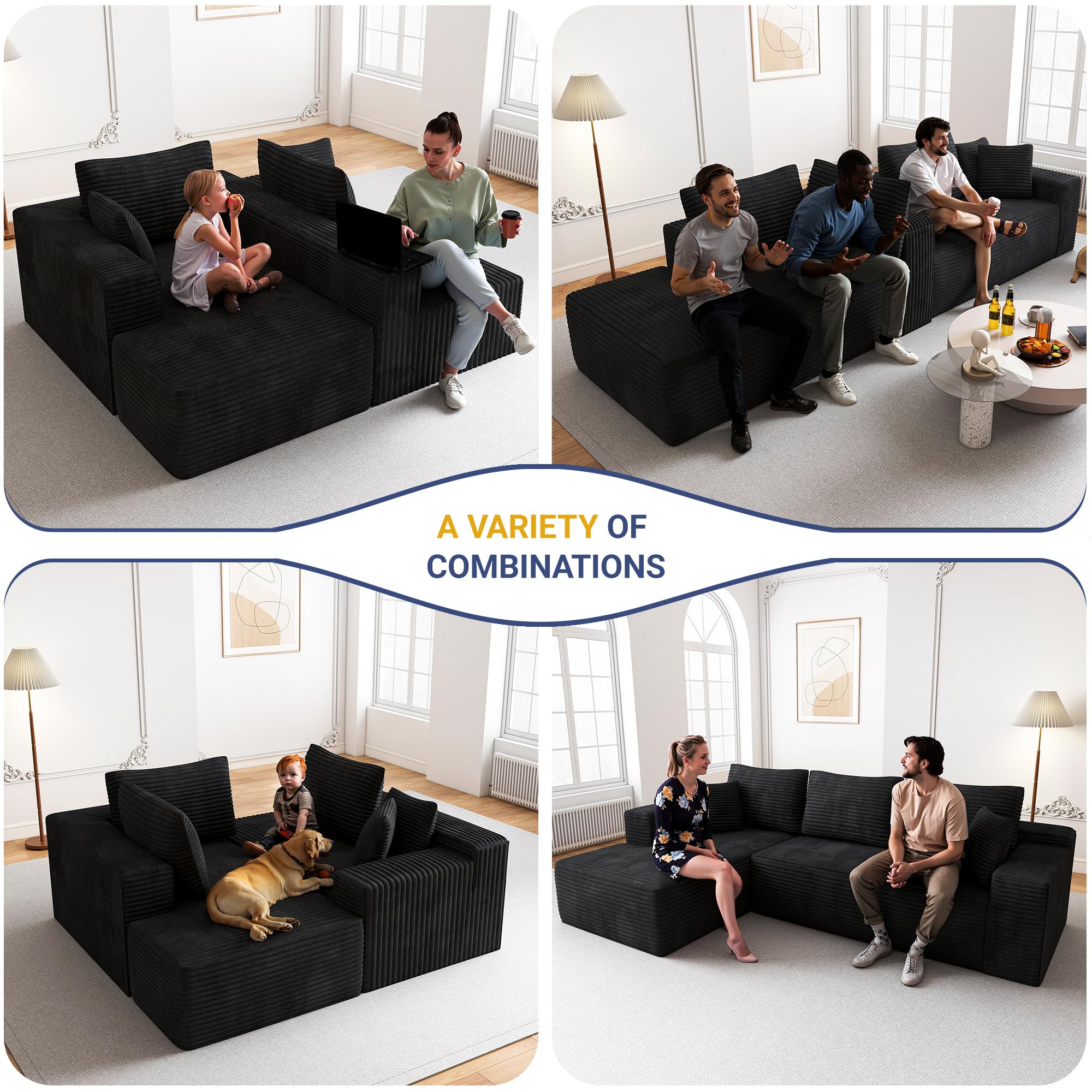 106.3" L-Shaped Modular Corduroy Sectional Sofa, 1400 LBS, No Assembly, Cooling Gel Foam Pet Friendly Cloud Couch for Living Room