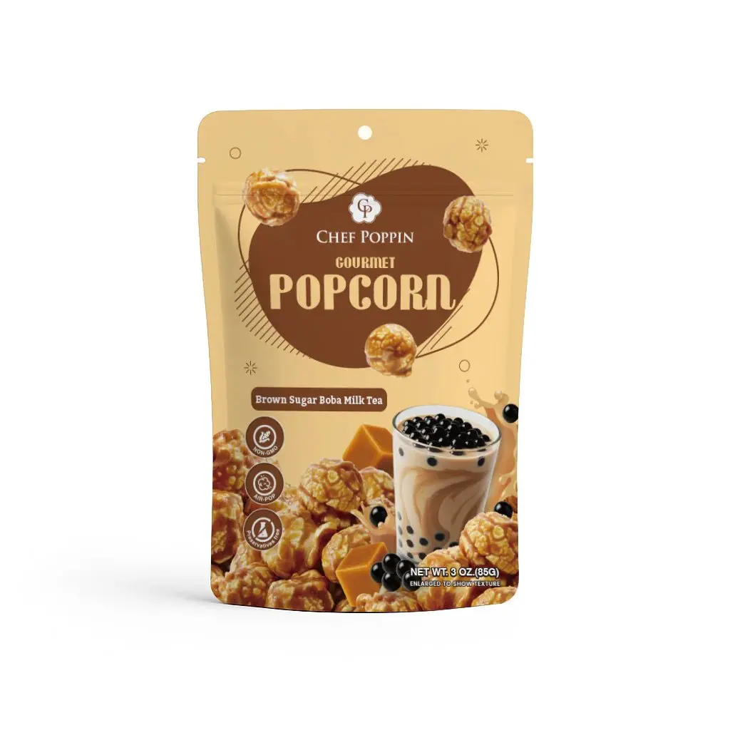 Gourmet Coated Packaged Popcorn Snack - Chef Poppin Brown Sugar Boba Milk Tea Flavor, Crunchy Crispy Texture - 85g