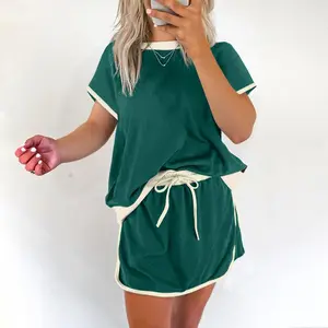 Women's 2pc Colorblock Edge Drop Shoulder T-Shirt and Skirt Set Casual Set Summer Womenswear