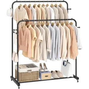 Double Rods Garment Rack with Wheels Portable Clothing Rack for Hanging Clothes 4 Hooks Multi-functional Bedroom Clothes Rack Black Organiser Hangable