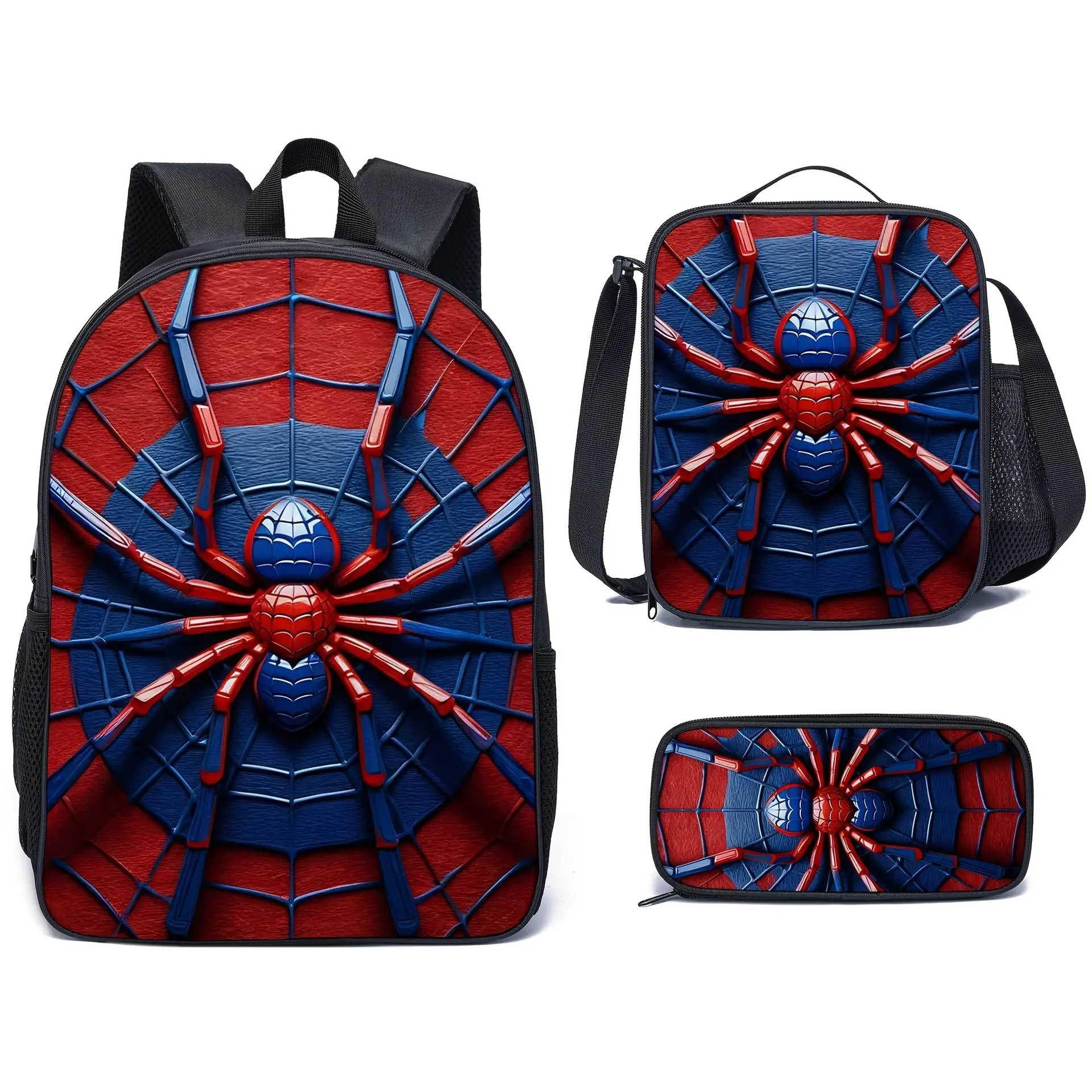 Red/Blue 3D Spider Web Texture Print Backpack 3-Piece Set: Backpack, Lunch Storage Bag, Cute Pencil Case; Y2K Retro Nylon Design; Spine Pressure Relief; Suitable for Boys and Teens; School Supplies, Travel, Camping, Daypack