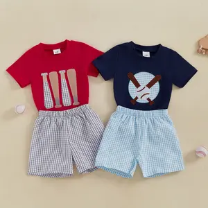 Kids Toddler Baby Boy Summer Baseball Outfits Set Short Sleeve Baseball Embroidered T Shirt Top and Plaid Shorts Set Cute Infant Clothes