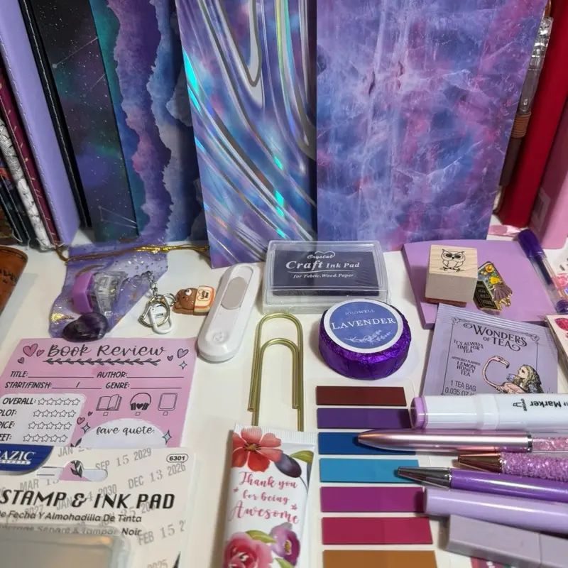 30 Item Mystery Bookish Bundle- could include A5 Journal Dual-End Marker Gel Pen Heart Stickies Large Ink Pad Wooden Stamper Bookmark Magnetic Bookmark Washi Tape Canvas Bag