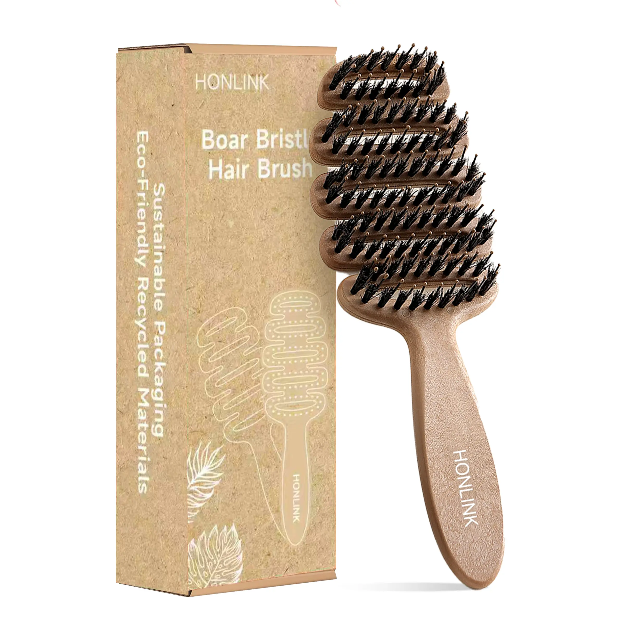 HONLINK Boar + Nylon Bristle Hair Brush - Eco-Friendly Recycled Materials, Sustainable Packaging, Gentle Care Essential, Natural Bristle Hair Brushes & Combs, With Handle Design