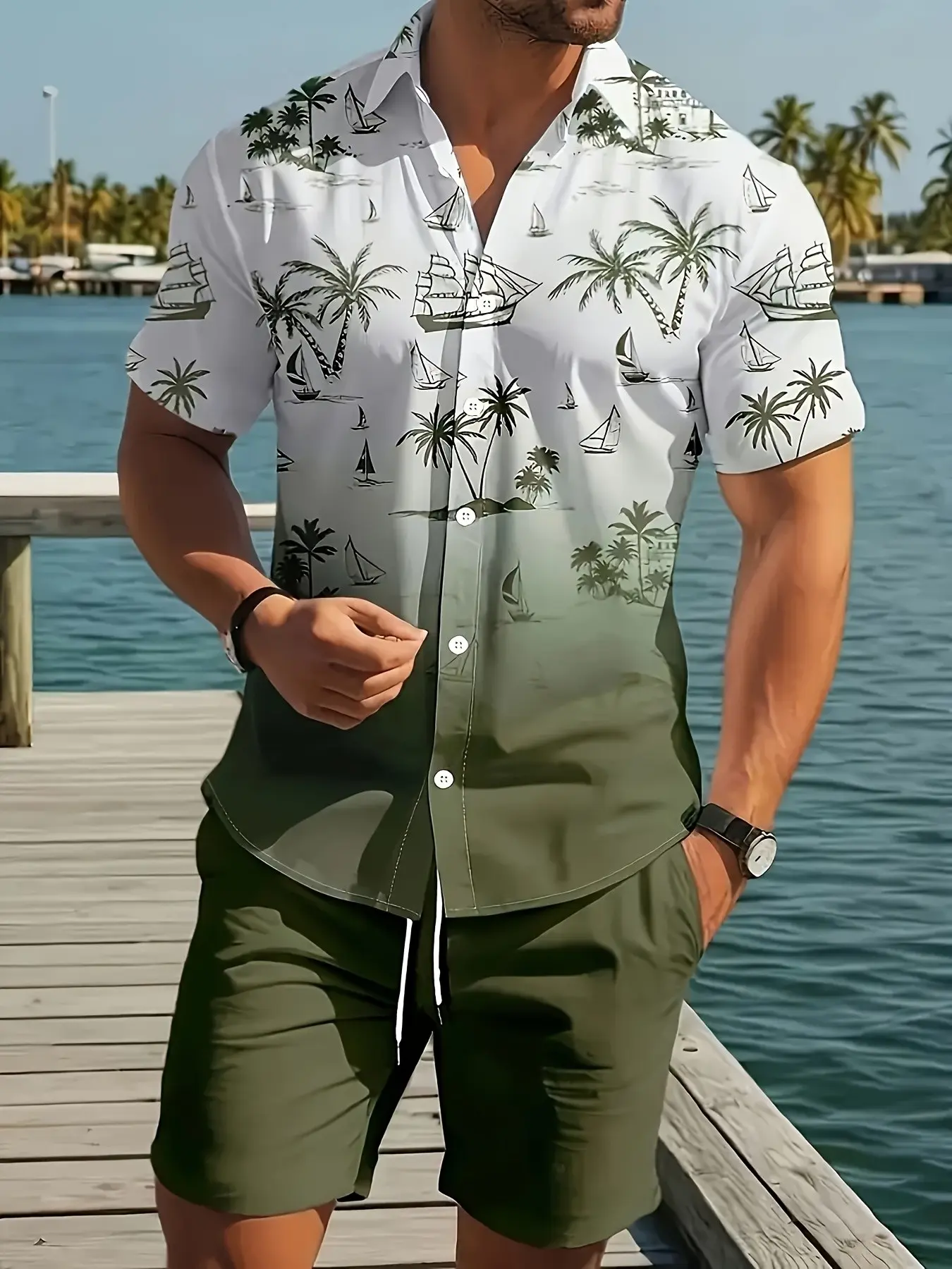 Men's Hawaiian Style Tropical Printed Short Sleeve Shirt, Trendy Casual Summer Style Beach Vacation Top, Gradient Palm Tree Pattern, Fitted Tee for All Seasons