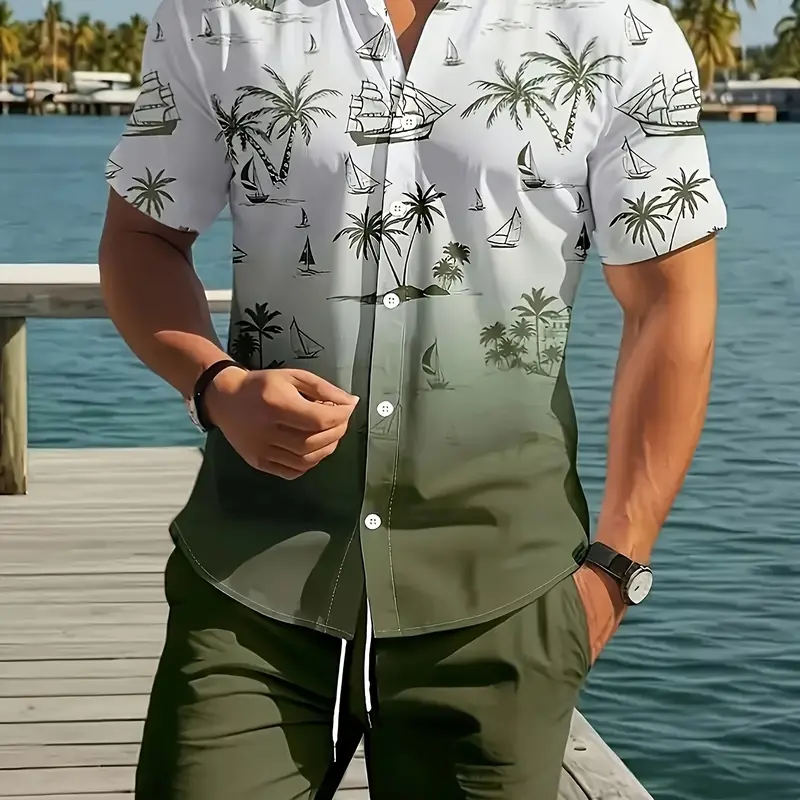 Men's Hawaiian Style Tropical Printed Short Sleeve Shirt, Trendy Casual Summer Style Beach Vacation Top, Gradient Palm Tree Pattern, Fitted Tee for All Seasons, Hawaiian Tropical Patterns