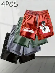 4 Pcs Chainsaw Man Anime Print Quick-Dry Zip Pocket Shorts, Men's Ice Silk Breathable Casual Sport Shorts, All Seasons Slim Fit