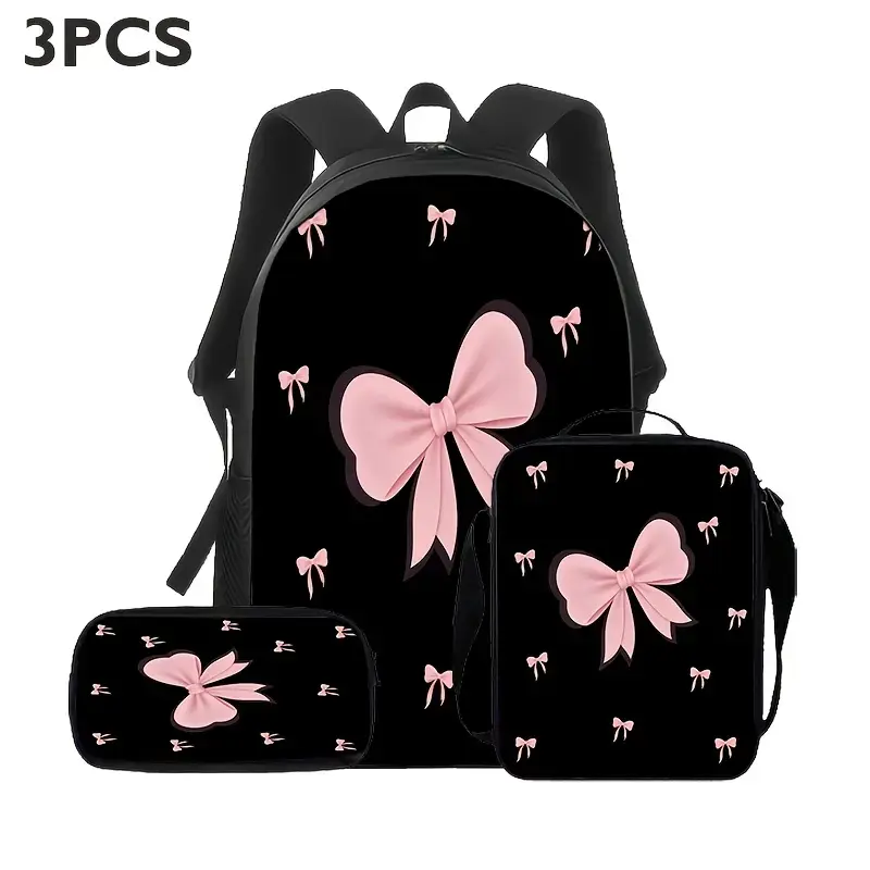 3-Piece Coquette Backpack Set with Pink Bow Motif for Girls Teens, Polyester School Daypack with Matching Lunch Bag & Pencil Case, Backpacks For School, School Backpacks
