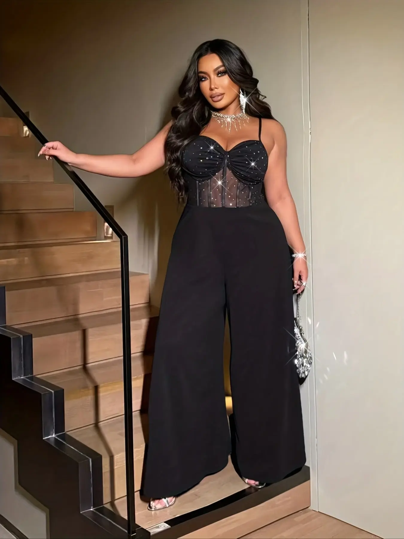Elegant Plus Size Fitted Sleeveless Women's Jumpsuit, High-End Formal Office Wear, Vintage Academy Style for Date Night & Party