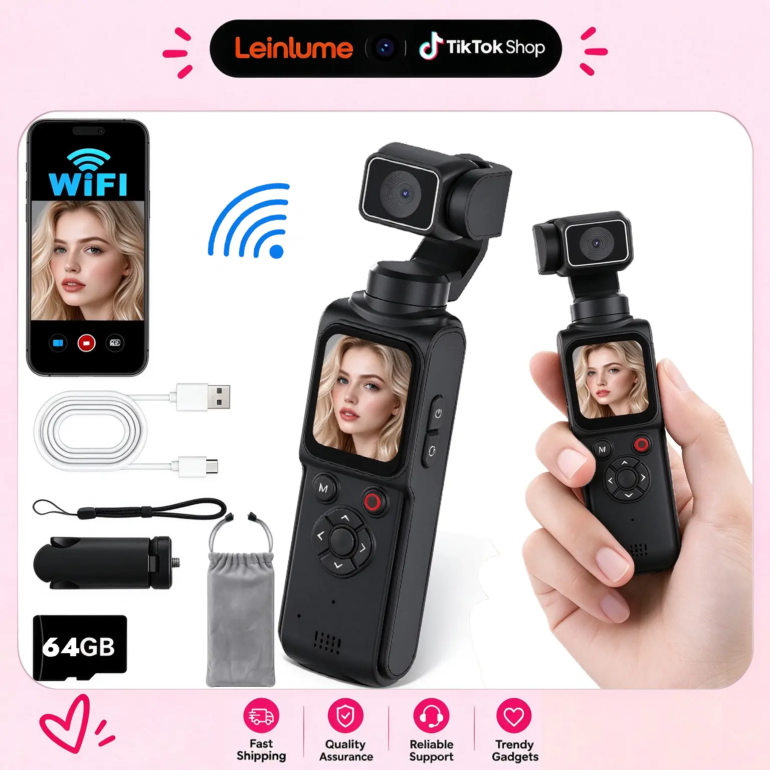 Leinlume 4K/30fps Pocket Hybrid Digital Camera - 75MP Vlogging Camera with Face Tracking, WiFi, LCD, 64GB Card, Tripod, Built-In Batteries, Custom MP4 Files for Hiking,toolupgrade