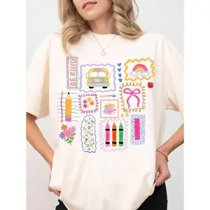 100% Cotton Teacher Shirt, Colorful Doodle Back To School Shirt, Preppy Coquette School T-Shirt, Girly Pink Bow Tee, Teacher Gifts.