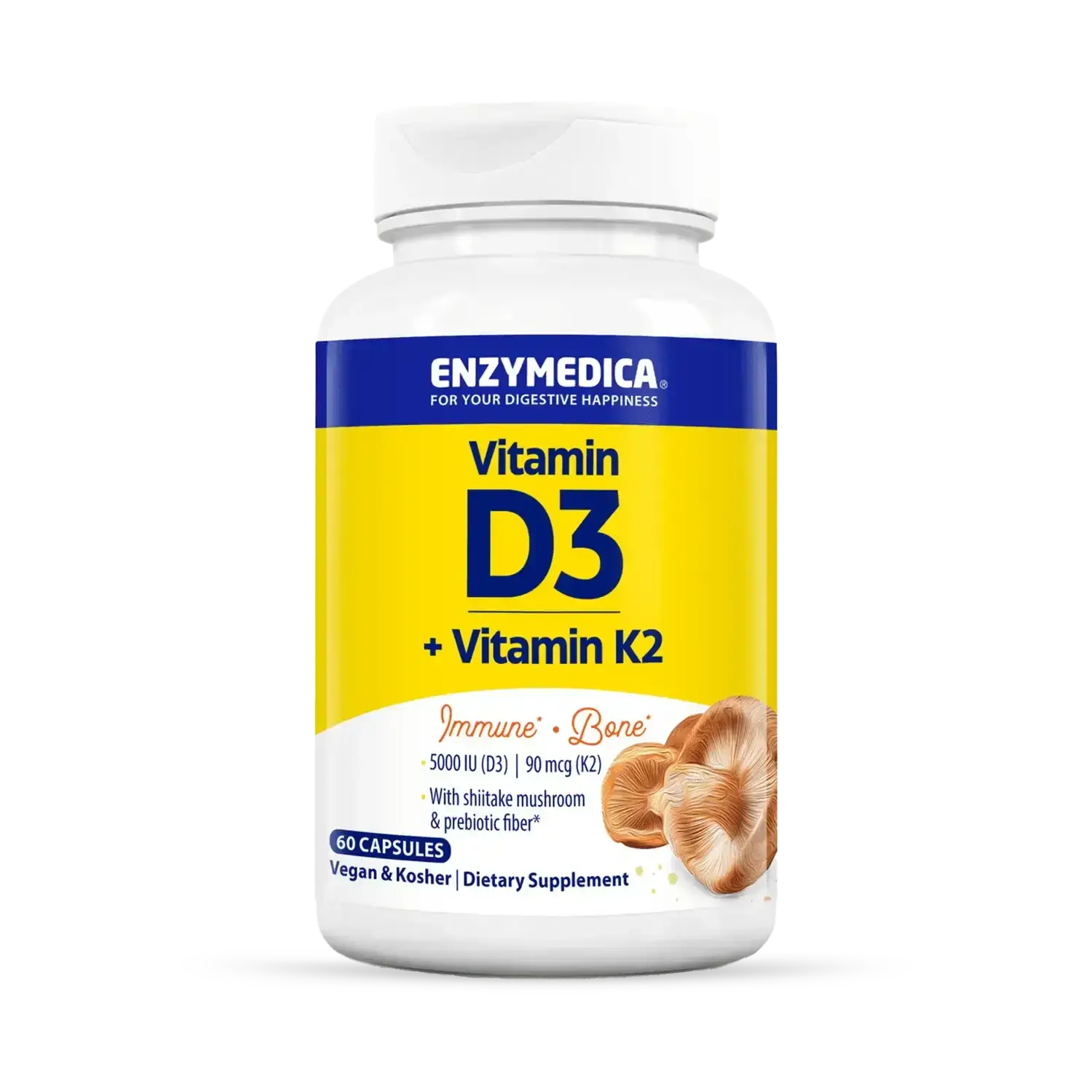Enzymedica Vitamin D3 and K2 Supplement Caps for Men & Women - VIT D3 5000 IU & VIT K2 MK-7 90 mcg, Immune & Bone Health Support, Features Shitake Mushrooms & Prebiotic Fiber, Vegan