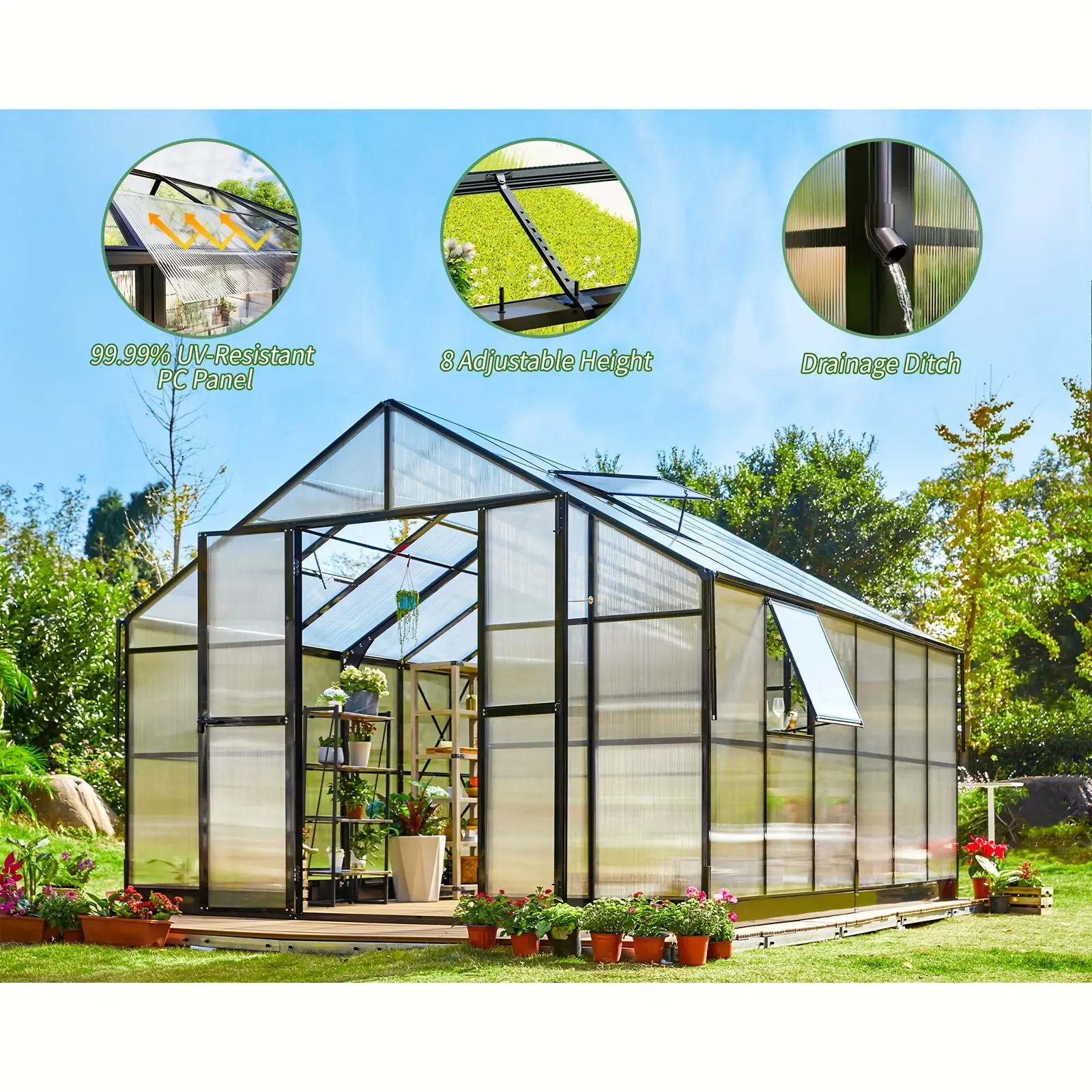Polycarbonate Greenhouse Measuring 12X13.5X9 Feet, Featuring a Robust Outdoor Aluminum Structure with Unique Quick-Connect Fittings, Spacious 6.7-Foot Double Doors, Four Ventilation Windows, And a Generous Walk-In Layout