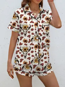 Women's Western Style Cow Skull Sunflower Print Pajama Set, Short Sleeve Button-Up Top & Elastic Shorts, Casual Home Wear Loungewear