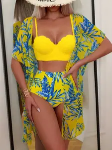 Women's Tropical Plant Bikini Set, Tropical Print Swimsuit, Three-Piece Swimsuit with Steel Support, Beach Vacation Style, High Waisted Swimsuit, Perfect for Pool Photoshoots