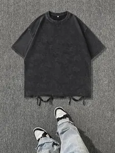 Men's washed vintage Plain T-shirt, street style ripped broken hole tassel casual short sleeve T-shirt