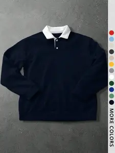 Men's Loose Fit Colorblock Collar Long Sleeve Polo Shirt, Casual Street Style, Fashionable Outdoor Sports Wear, All Seasons