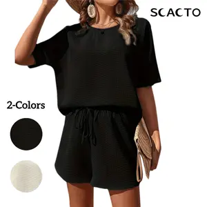 Scacto Women's New Short-sleeved Suit Fitted Crew Neck Half Sleeve Above The Knee Two-piece Set Summer Casual Minimalist 95% Polyester Jacquard Weave