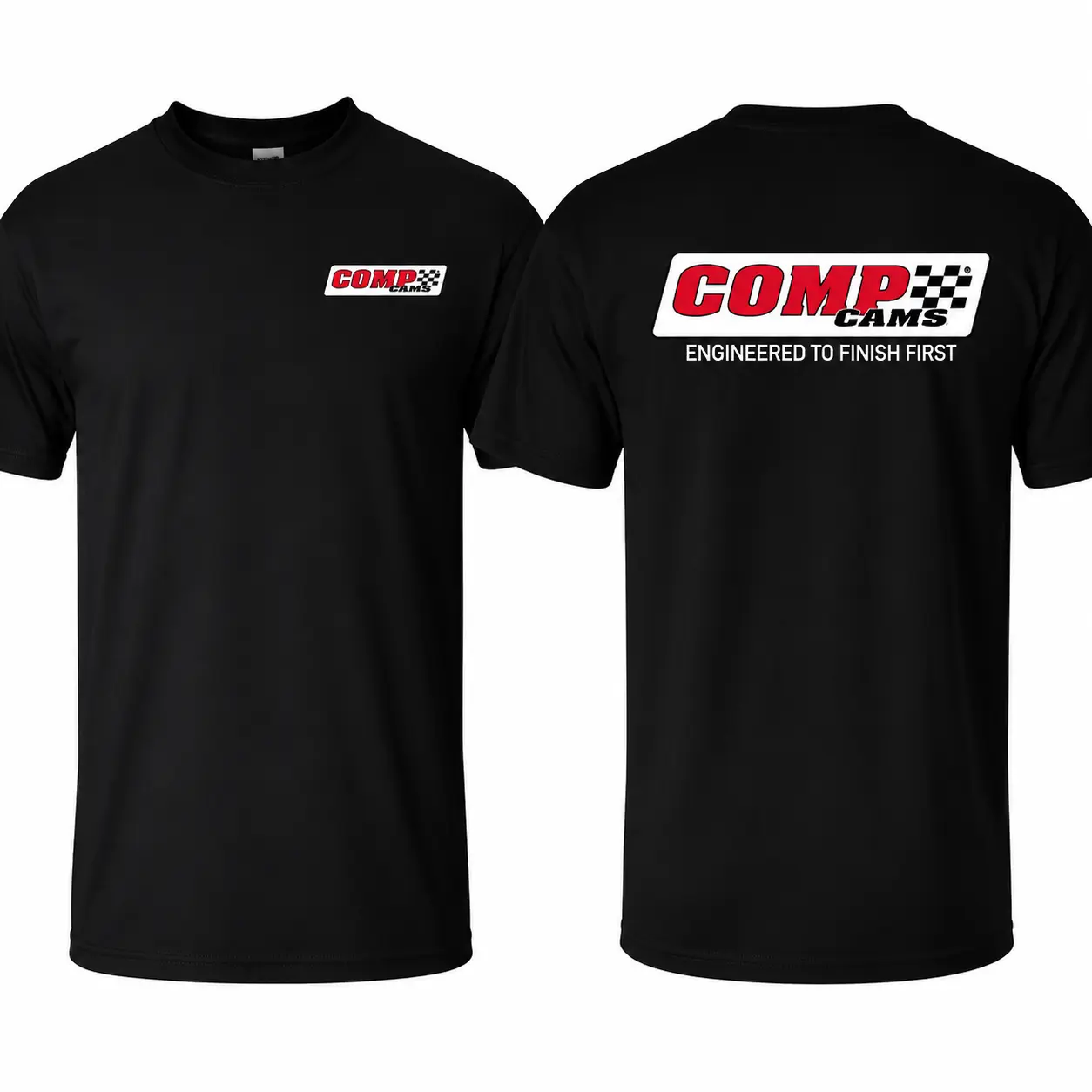 COMP Cams Racing T-Shirt, Engineered to Finish First Mechanic Tee, Automotive Performance Shop Shirt, Premium Cotton Blend, Unisex Fit for Men and Women, Gift for Car Enthusiasts, Racers, and Mechanics