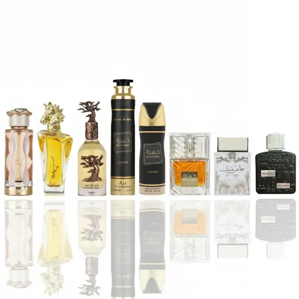 Lattafa Unisex 8-Piece Fragrance & Personal Care Bundle - Spray Perfume, Deodorant, Air Freshener with Spicy Woody, Scented, Romantic Rose Vanilla Musk Scents (TERIAQ, MAAHIR GOLD, ETERNAL OUD, KHAMRAH, RAMZ SILVER, Pure Musk Base)