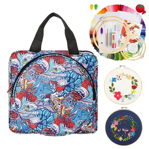 1pc Vintage Floral Embroidery Organizer Bag, Square Tote with Multiple Pockets, Embroidery Hoop & Needle Sewing Supplies Storage, Blue Fabric, Art Craft & Sewing Supplies Storage, Holiday Gift