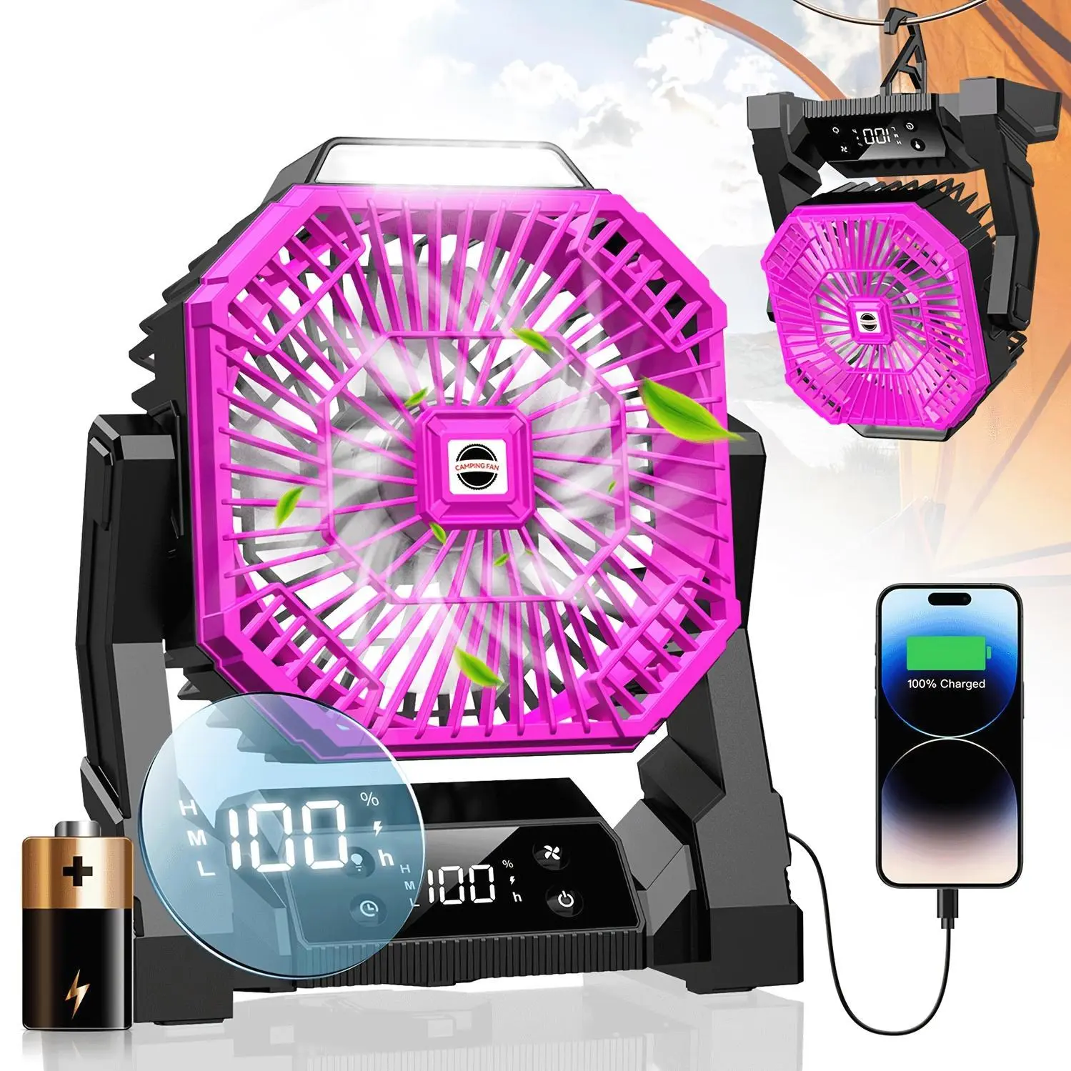 Compact USB Fan with a 20000Mah Rechargeable Battery, LED Light, Digital Display, And Emergency Charging Feature, Comes with a Tent Hook, Ideal for Office, Gym, Kitchen, Home, Sleeping, And Camping (Pink And Black)