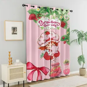 Cute Strawberry Girl Cartoon Print Window Curtains, Cute Strawberry Girl Blackout Curtains, 85% (2 pieces), Coquette Girly Window Drapes, Girls Bedroom, Kids Toddler Room, Teen Room, Home Decor, Coquette Girly Bedroom Decor Gift for Girls