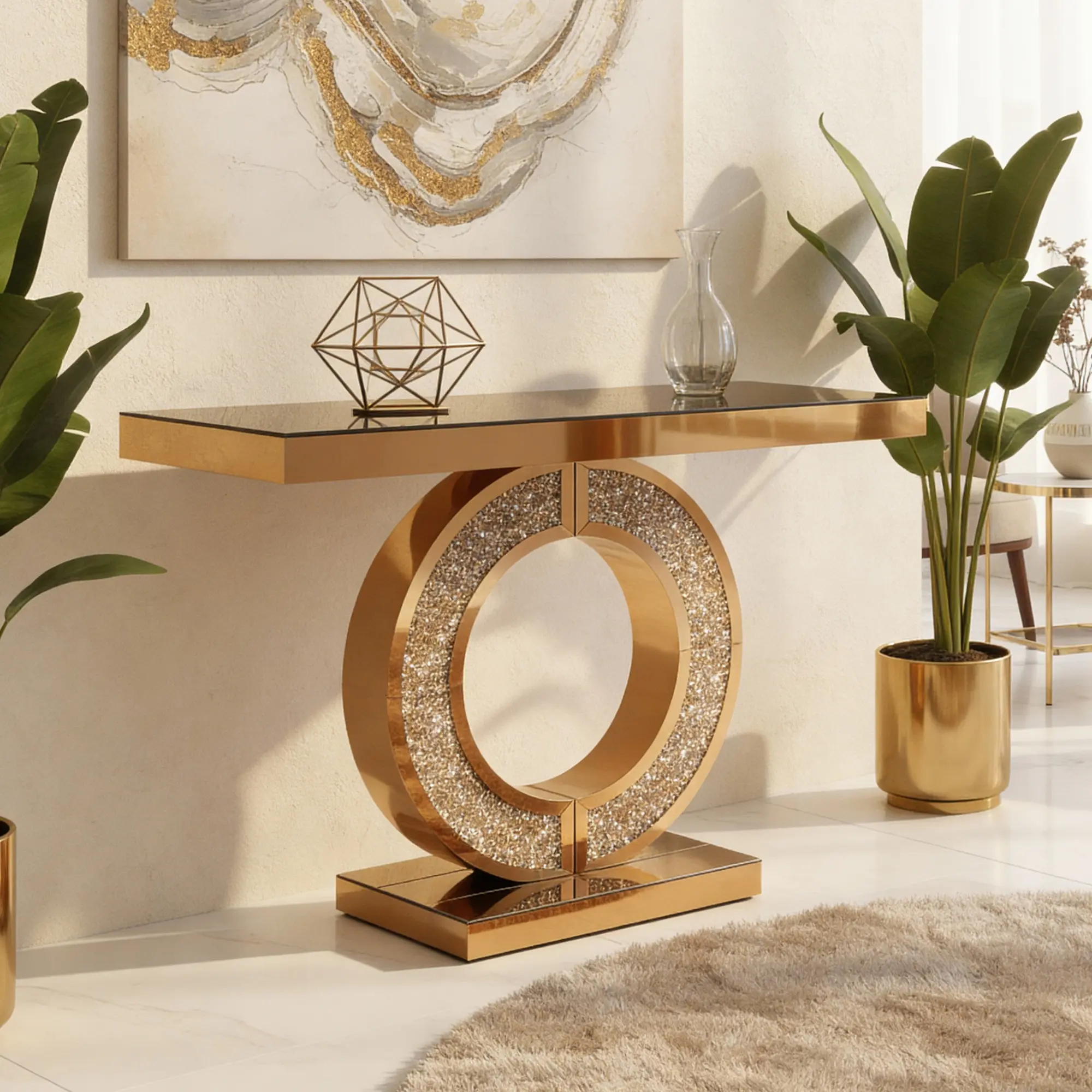 Modern Mirrored Console Table with Crushed Diamond Inlay, Narrow Entryway Sofa Table, O-Shaped Base Accent Table for Living Room, Bedroom - Brown
