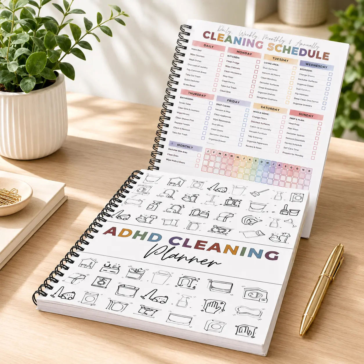 Vibrant ADHD Cleaning Planner & Organizer Spiral-Bound Notebook - Designed for ADHD & Busy Lifestyles, Daily/Weekly/Monthly Schedules, Chore Customization, Zone Cleaning Tasks, Laundry Checklist, Home Management System for Adults, Home Organization, Plann