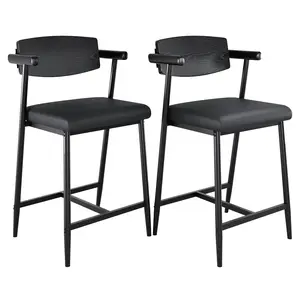 Garvee Bar Stool with Wooden Backrest and Footrest, Padded Bar Chair, Metal Frame, Kitchen Stool with Armrests, Industrial Dining Chair for Kitchen Island, Counter (Black)
