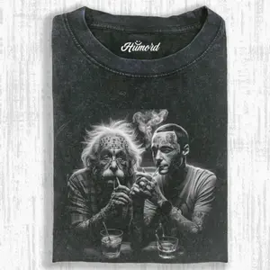 Albert Einstein and Sheldon Cooper Tattooed Genius Vintage Washed T Shirt, Funny Science and Big Bang Theory Mashup Graphic Tee for Physics Teacher and Nerd Gift, Perfect for Science Fairs and Retro Edgy Daily Streetwear