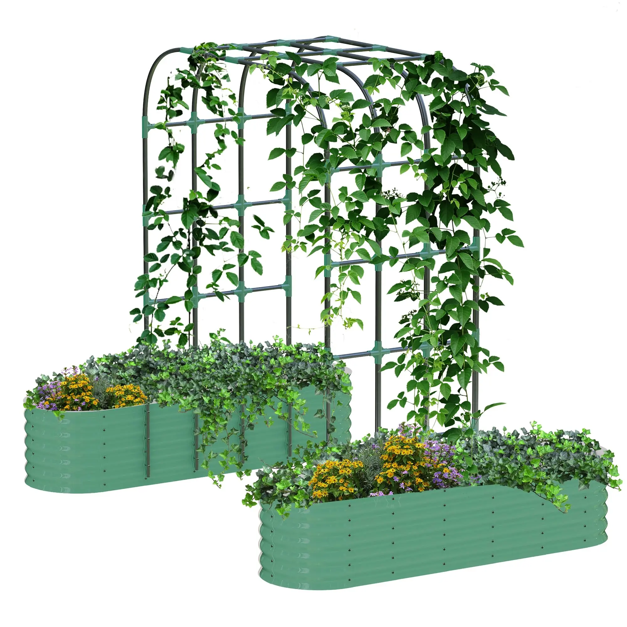 Galvanized Raised Garden Bed with 96" Tall Vertical Arch Trellis Planter Box for Outdoor Plants Flowers Herbs & Vines